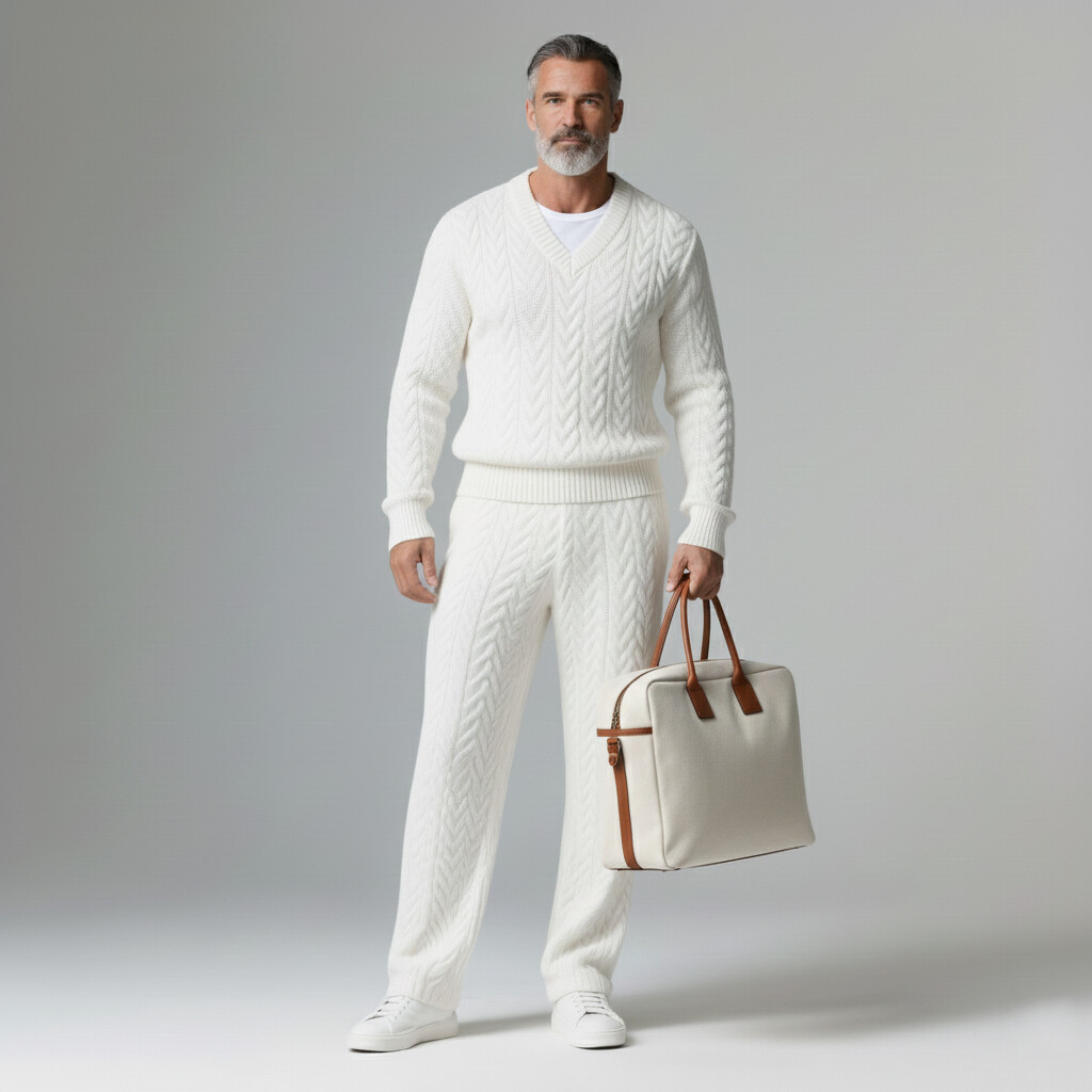 Men's Casual White V Neck Long Sleeve Textured Knit Sweaters & Pants 2Pcs Set