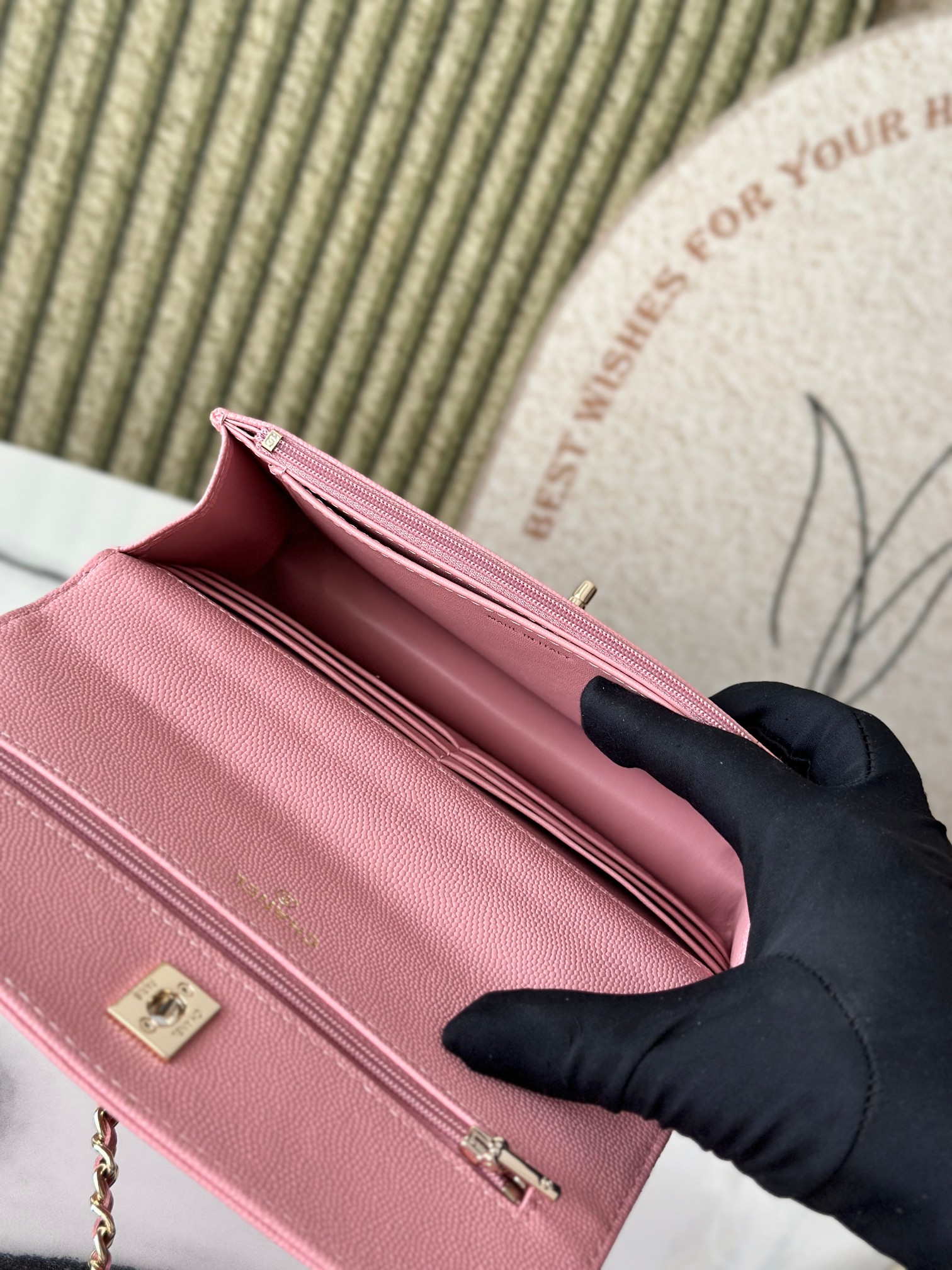 Classic Flap Mini Bag with Top Handle in Sakura Pink Caviar Leather with Light Gold Hardware (Model AP3341) - Mocuir