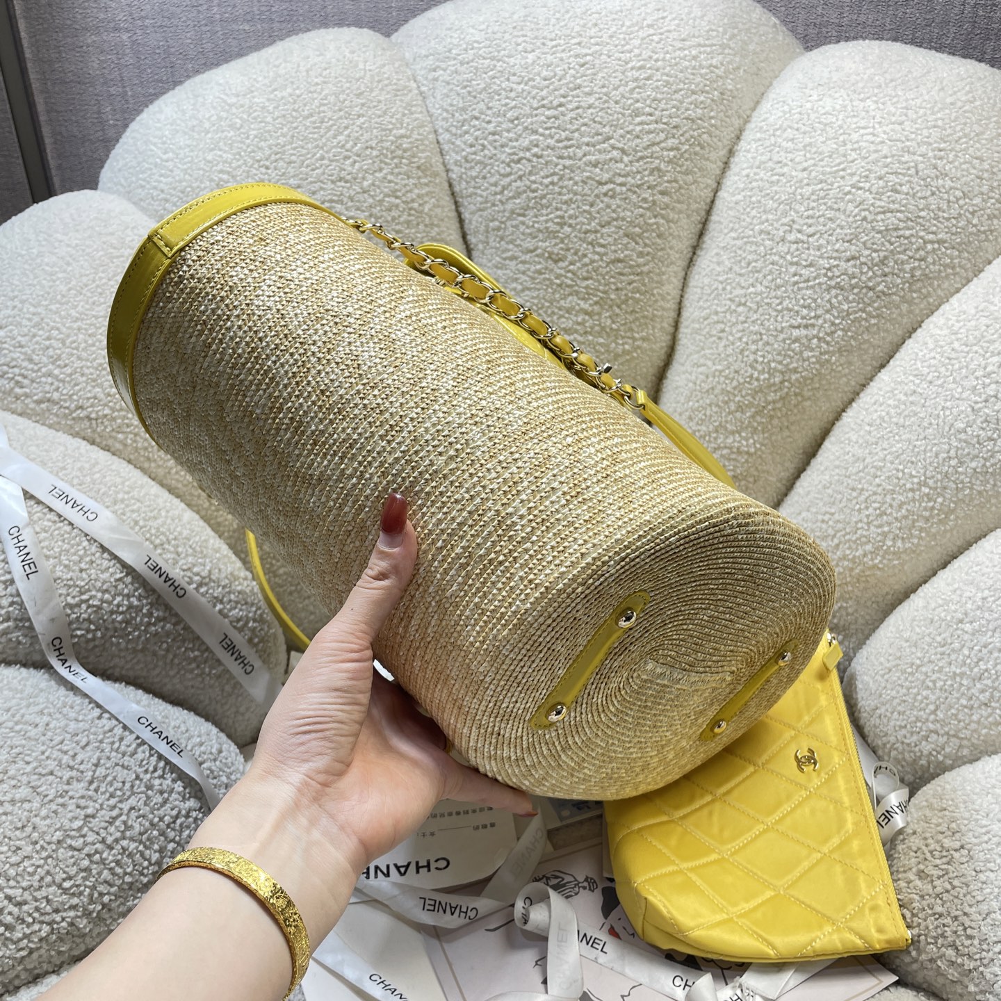 Large Straw & Lambskin Tote Bag with Pouch in Bright Yellow with Light Gold-Tone Hardware, 25C Cruise Collection - Mocuir