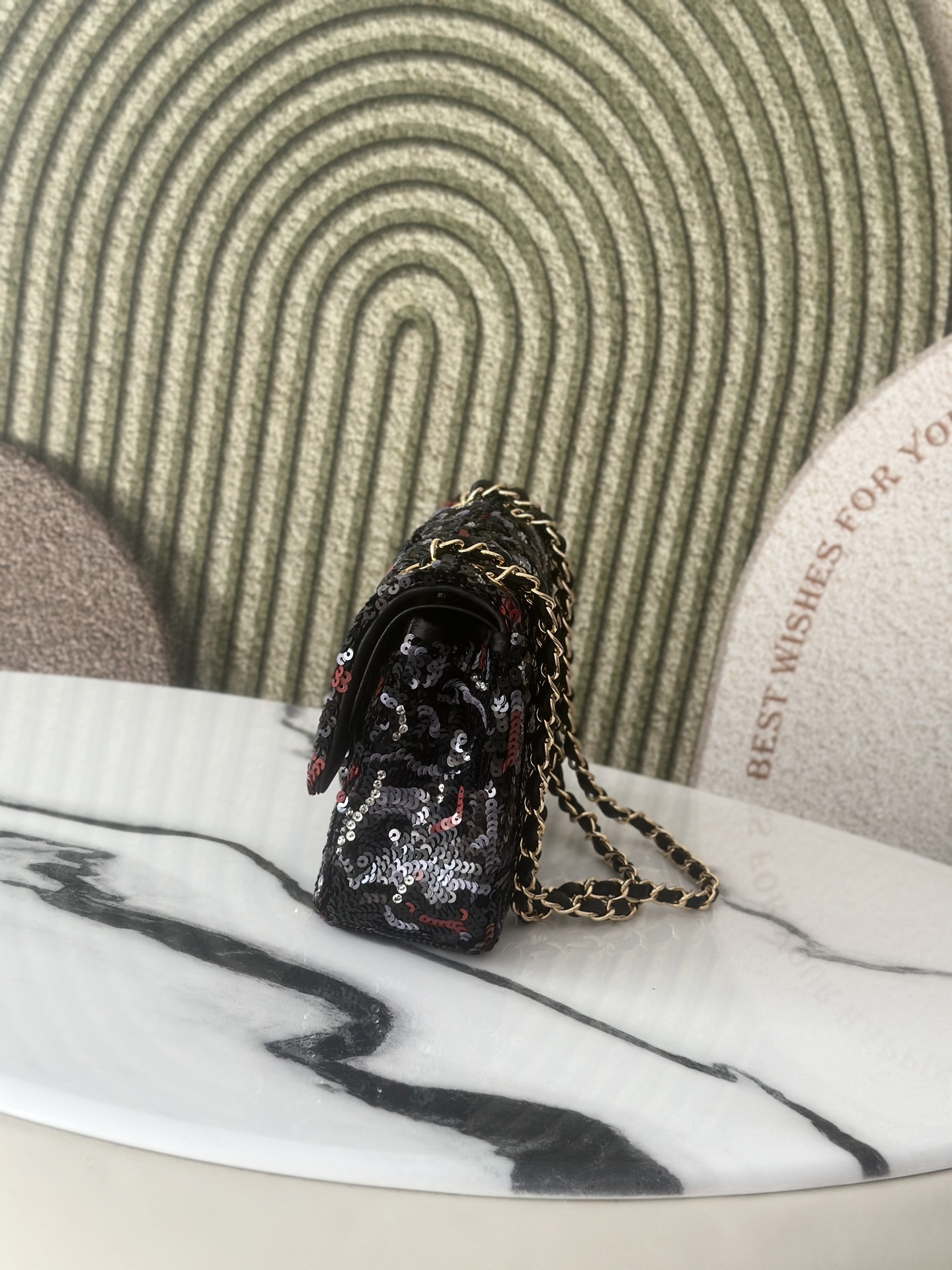 Limited Edition Black Red Grey Sequin Abstract Quilted Mini Classic Flap Bag with Gold-Tone Hardware - Mocuir