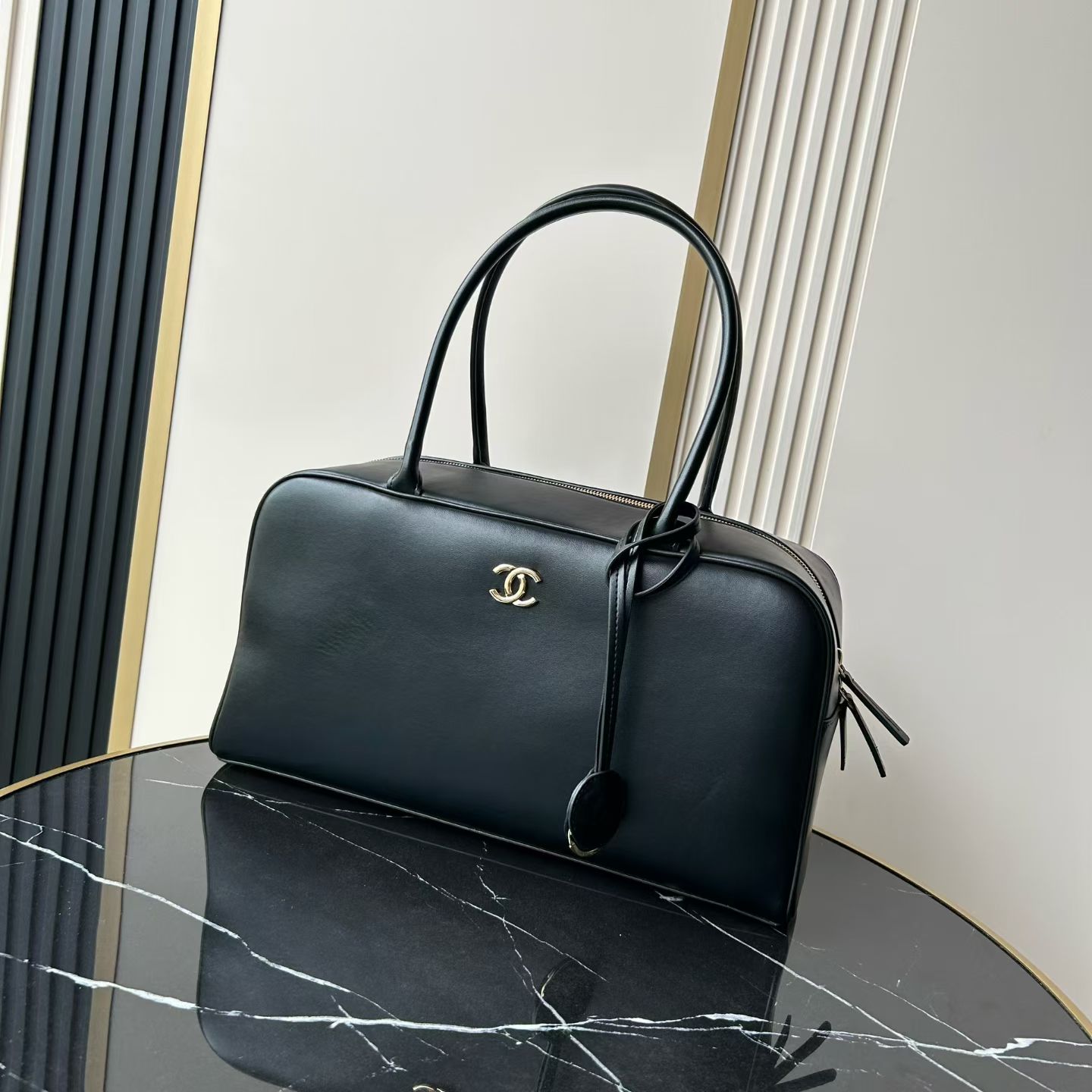 26S Black Smooth Calfskin Bowling Handbag with Gold-Tone Hardware - Mocuir