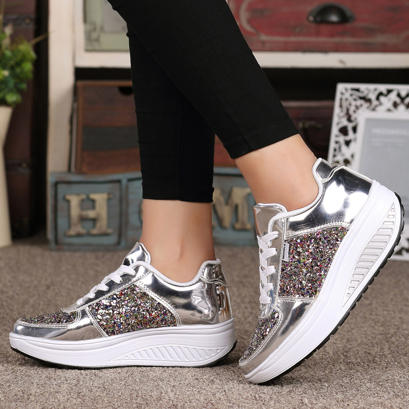Zapatos deportivos casuales brillantes, ligeros y cómodos con plataforma para mujer