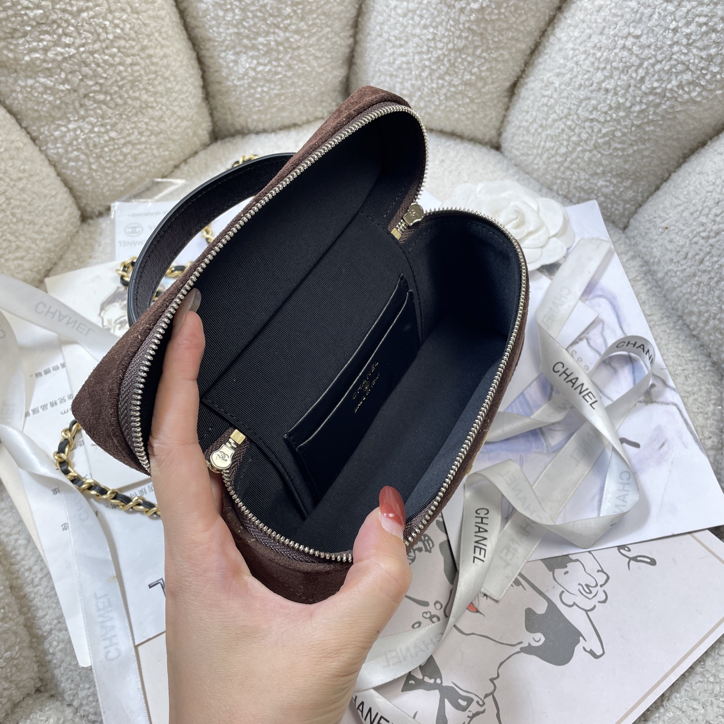 26S Slim Vanity Case with Chain in Dark Brown Suede & Black Lambskin with Gold-Tone Hardware - Mocuir