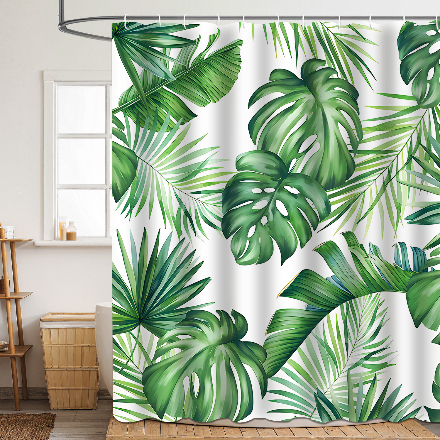 Shower curtain green plant leaf polyester 3d digital printing waterproof and mildew-proof shower bathroom partition