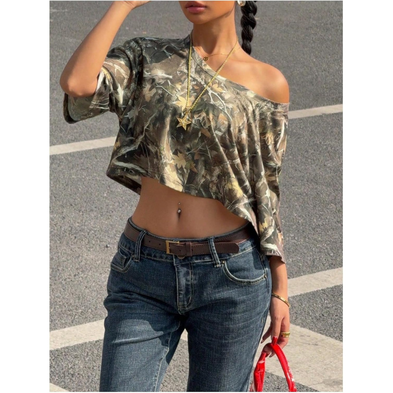 Women's Y2k Camo Print Off The Shoulder