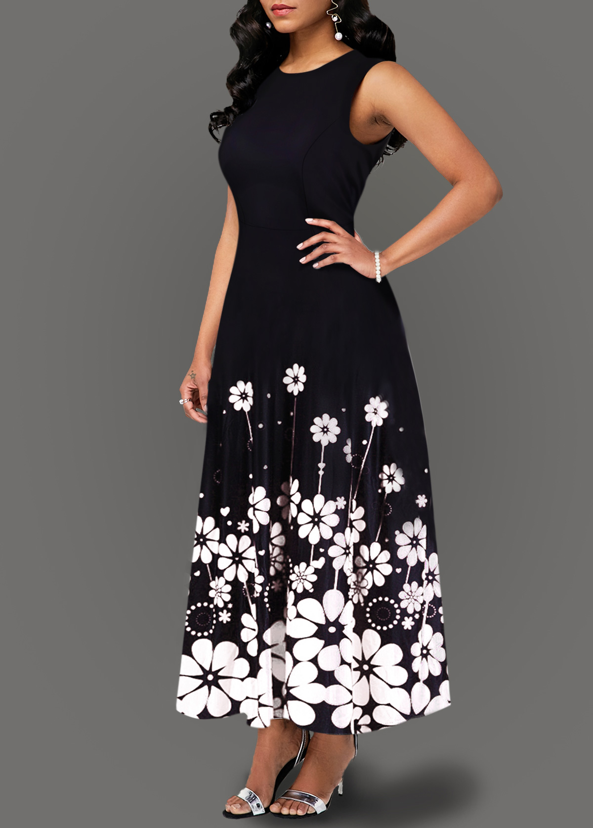 Round Neck Flower Print Color Block Maxi Dress