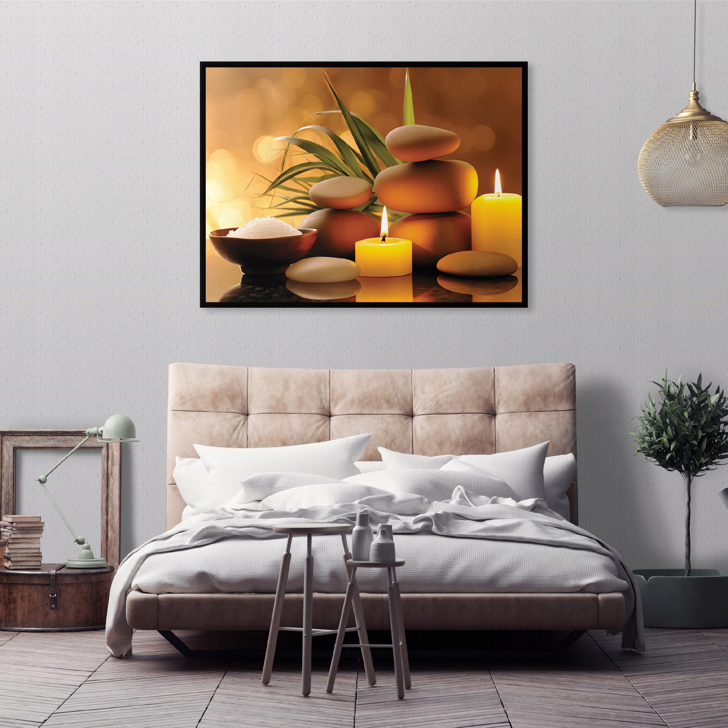 Black-framed canvas painting featuring spa stones and candles in a massage parlor, 120x80 cm