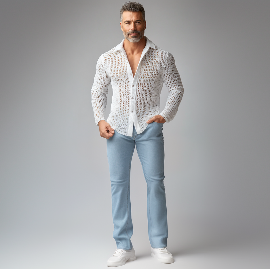 Men's Turndown Collar Long Sleeve Button Hollow Out Crochet Knit Shirt