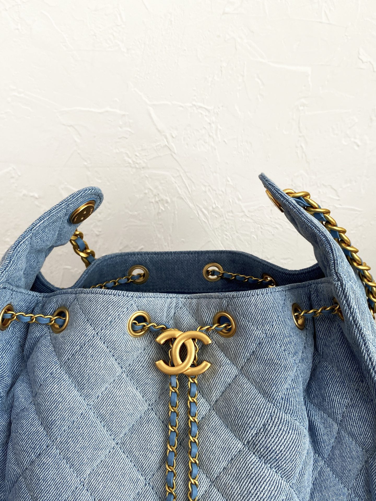 25C Small Hobo Bag in Light Blue Washed Denim with Antique Gold Hardware - Mocuir