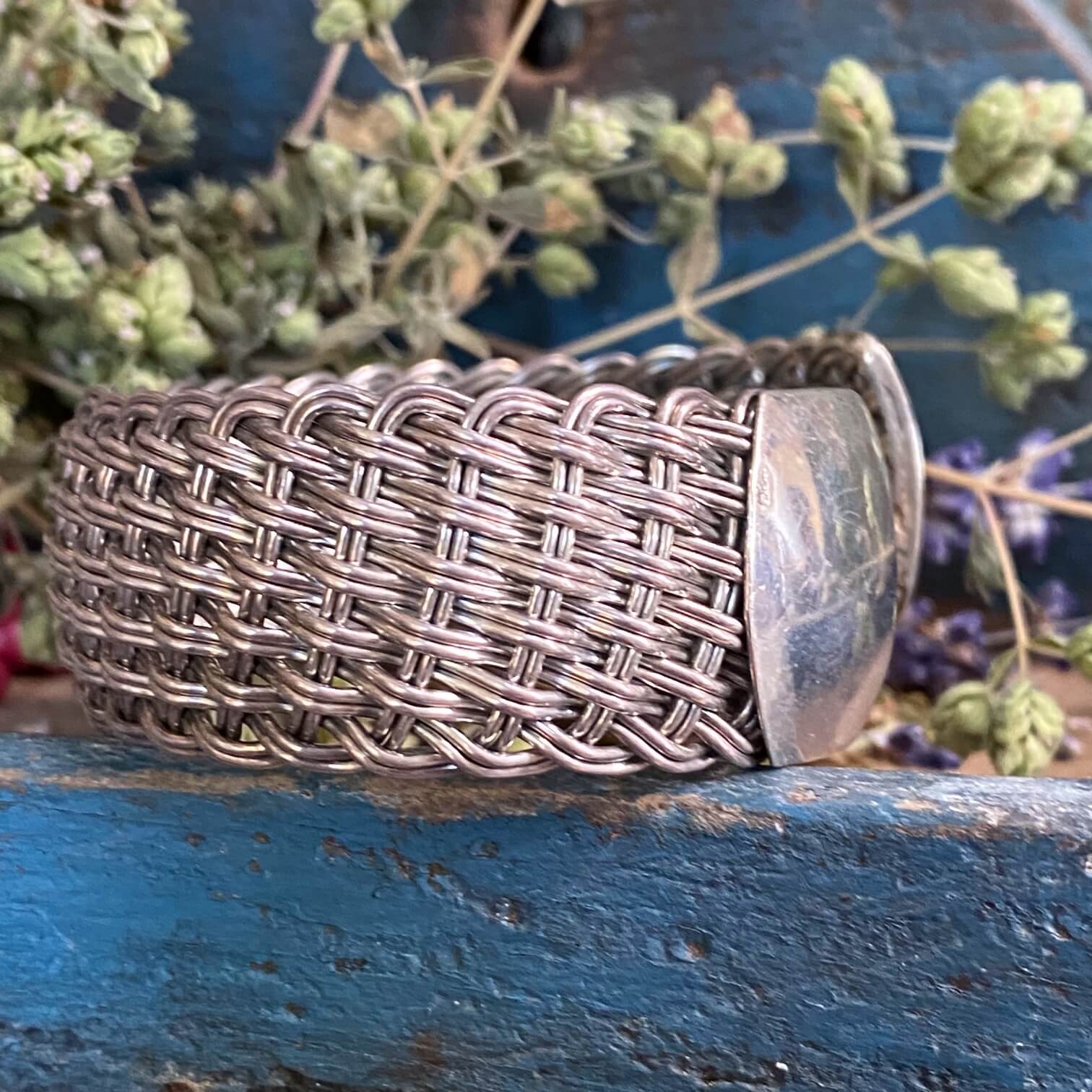 Vintage Woven Sterling Silver Wide Cuff Bracelet