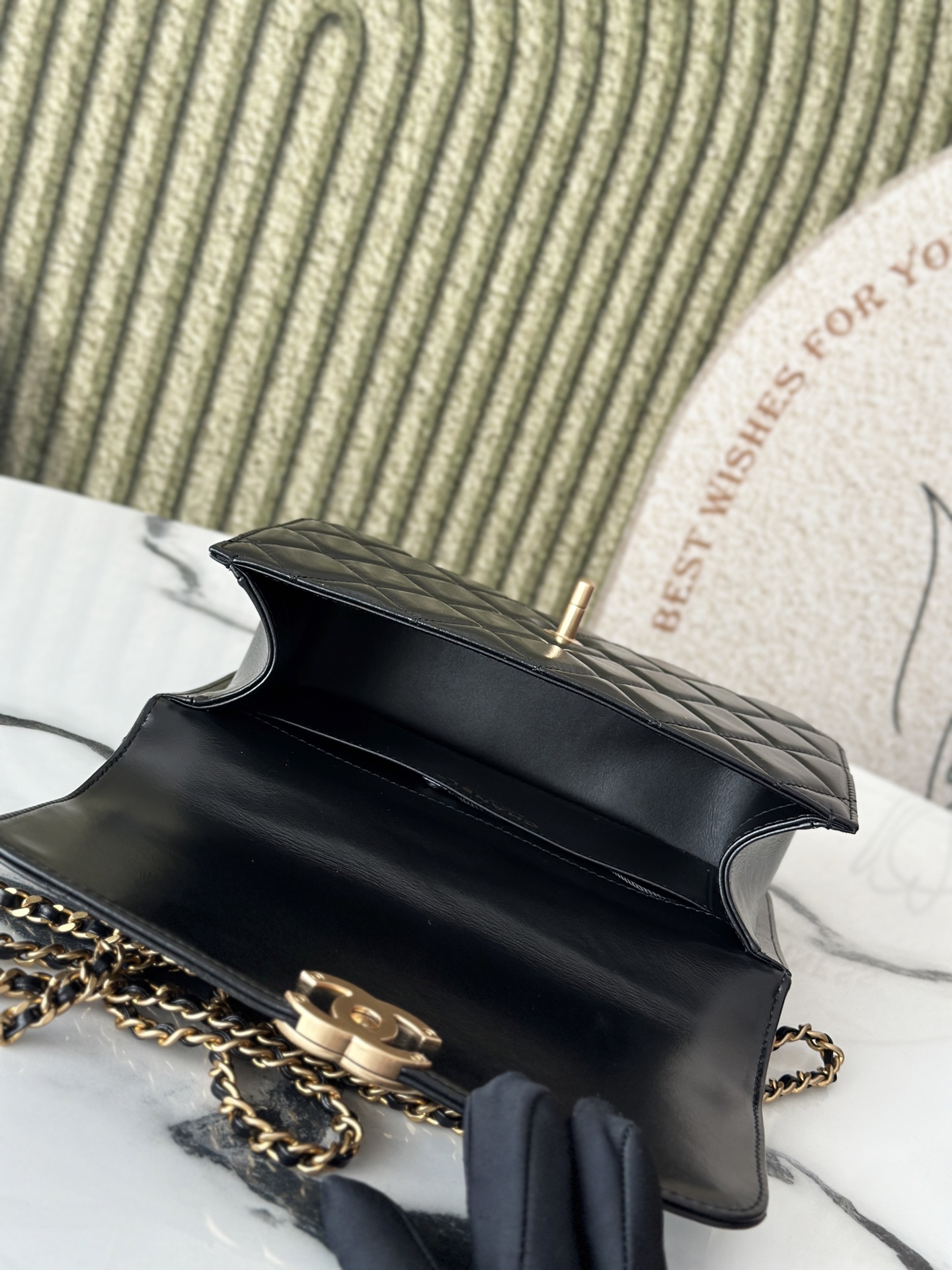 Small Flap Bag with Pearl Chain Detail in Black Shiny Calfskin with Gold-Tone Hardware - Mocuir