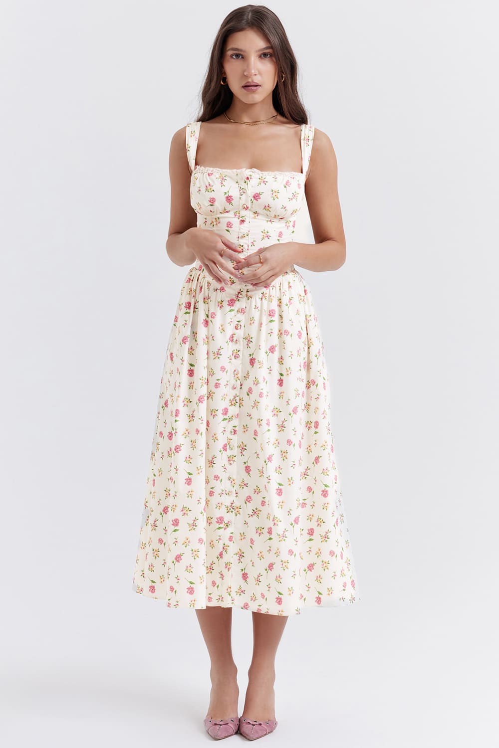 ROSE PRINT MIDI SUNDRESS