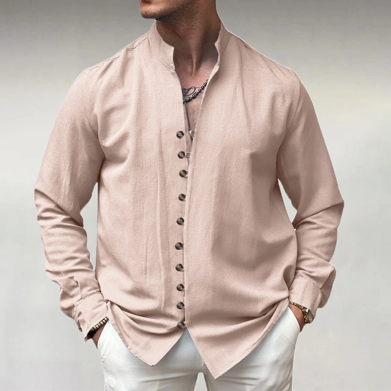 Men's Stand Collar Linen Single Breasted Casual Long Sleeve Shirt