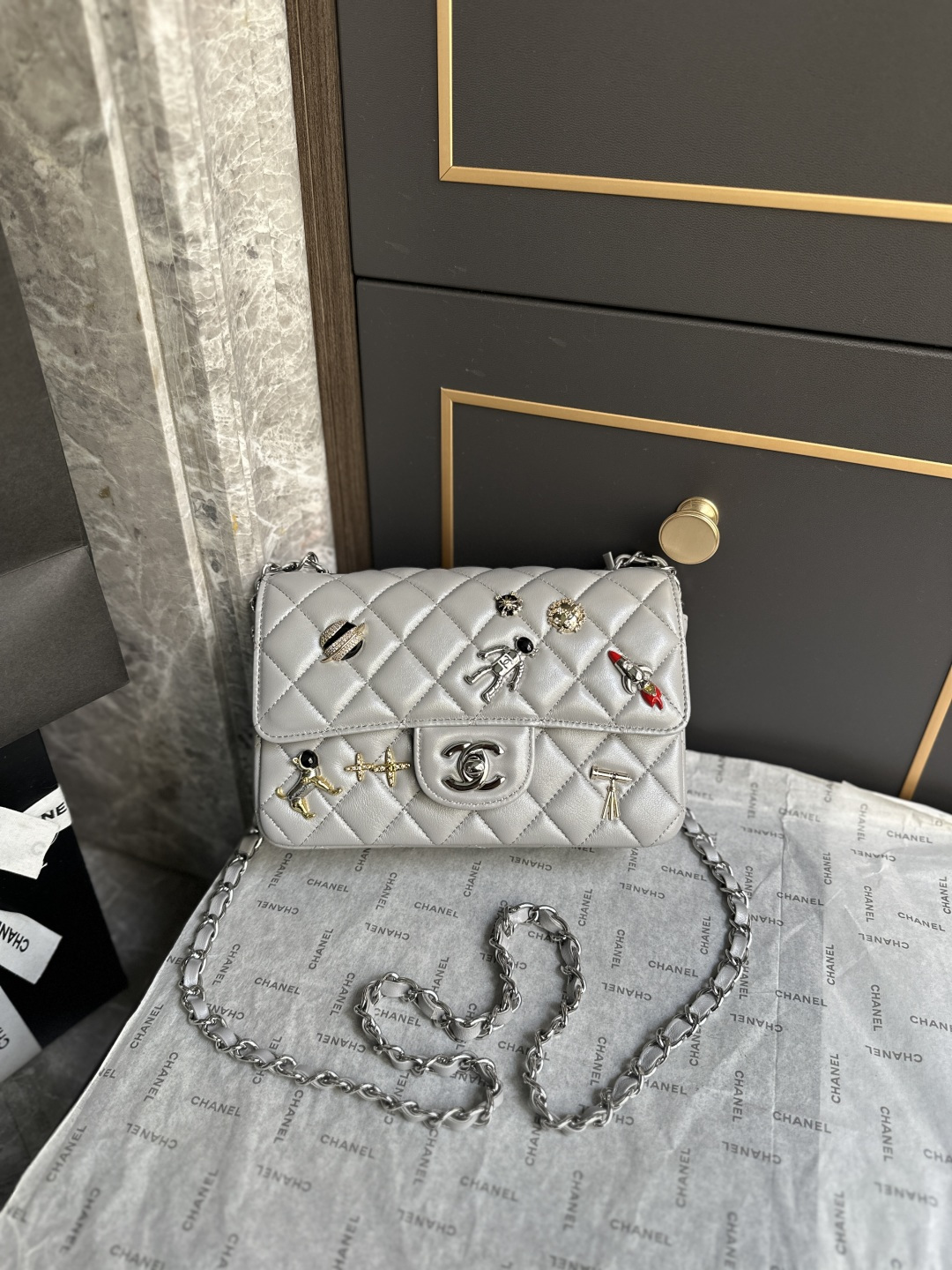 Spring-Summer 2026 Space Mission Limited Edition White Quilted Lambskin Classic Flap Bag with Silver-Tone Hardware & Space Charms - Mocuir