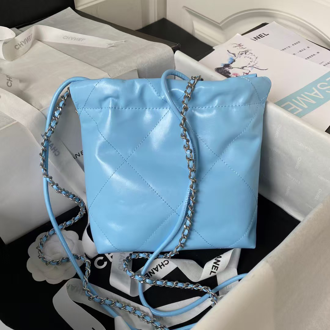 22 AS3980 Mini Tote Shiny Calfskin & Silver-Tone Metal Sky Blue