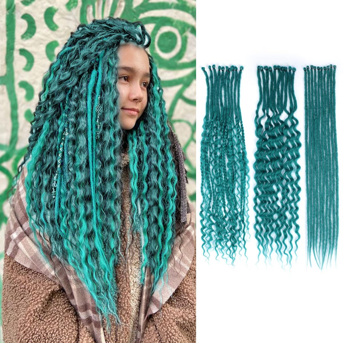 24 Inch 3 In 1 Dreadlock Extensions Sets, 30 Strands Mixed Teal Green Synthetic SE Dreads Extensions, 100% Handmade Soft Single Ended Curly Boho Wavy Dreads for Girls