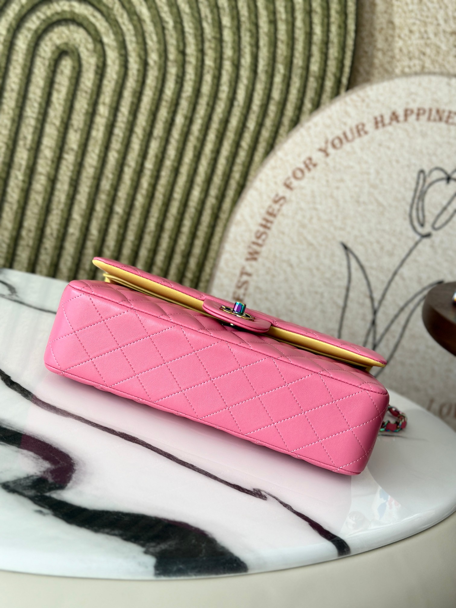 Classic Flap Medium Bag in Sakura Pink Lambskin with Iridescent Rainbow Hardware (Model A01112) - Mocuir