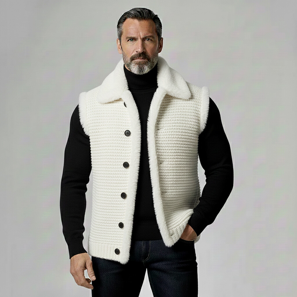 Men's White Fuzzy Trim Turndown Collar Button Sleeveless Knit Vests