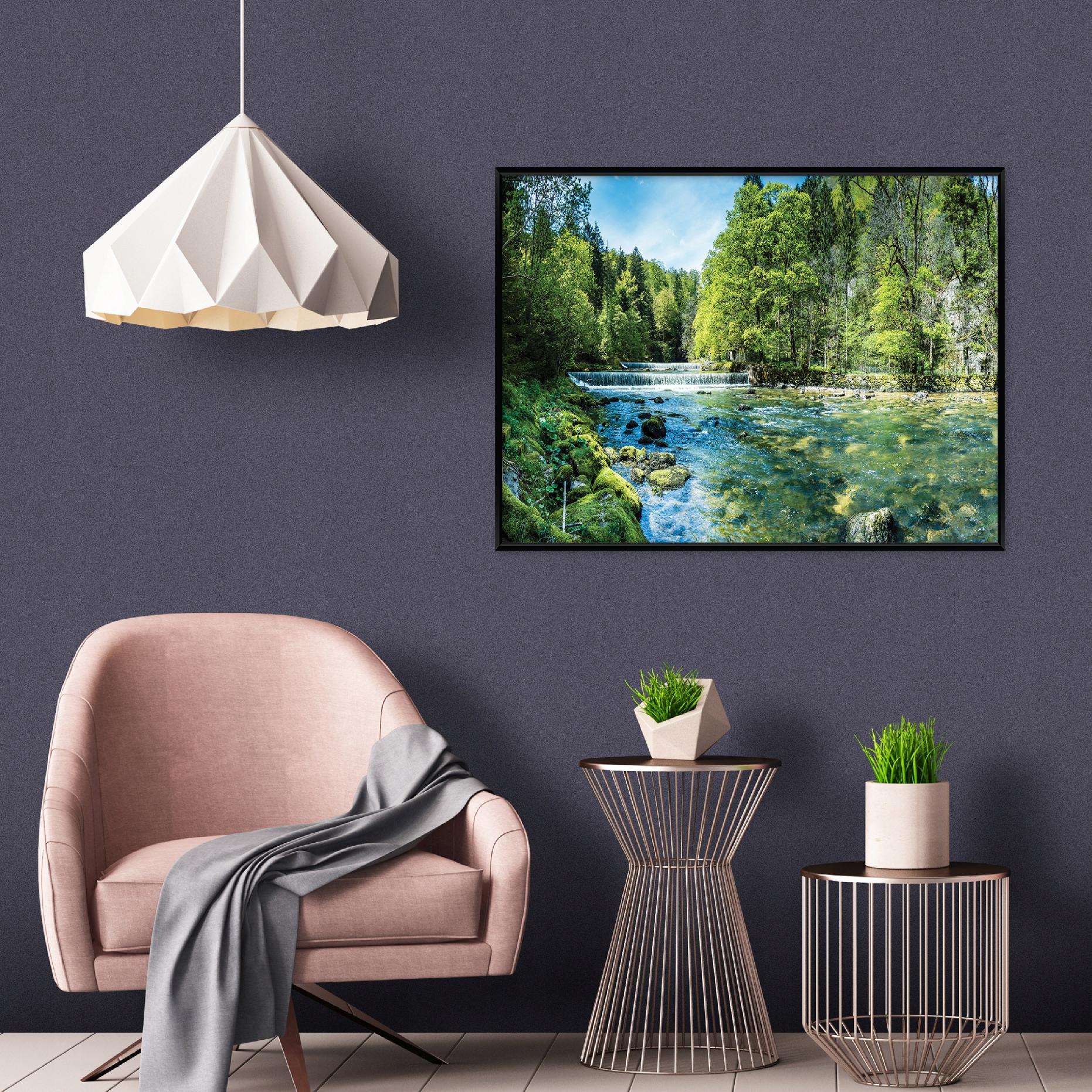 Black-framed canvas painting forest river nature living room bedroom 40x30