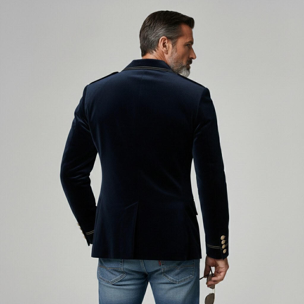 Men's Business Casual Navy Blue Velvet Notched Lapel Double Breasted Long Sleeve Blazers