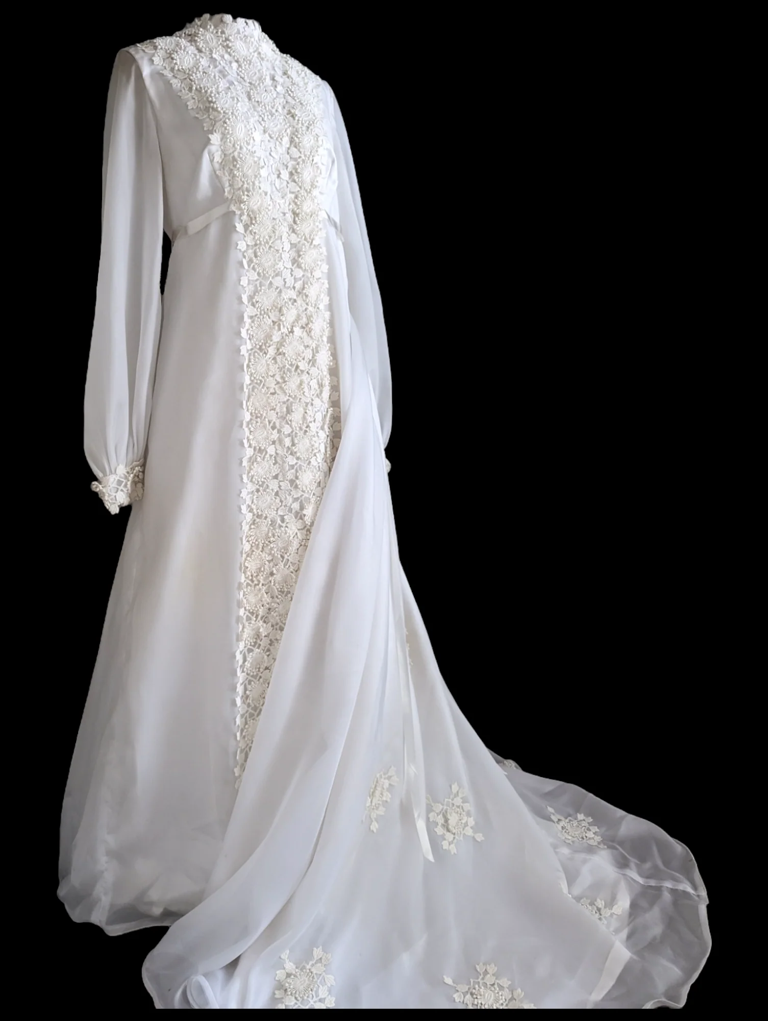 1970s Passion Flower Lace Maternity Column Wedding Dress with Long Sleeves. Trailing Ribbon, Empire Waist and Bustle Train