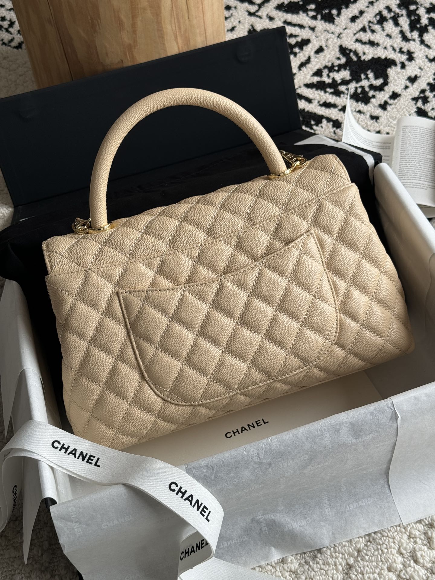 Small Coco Handle Flap Bag in Light Beige Quilted Caviar Leather with Light Gold-Tone Hardware - Mocuir