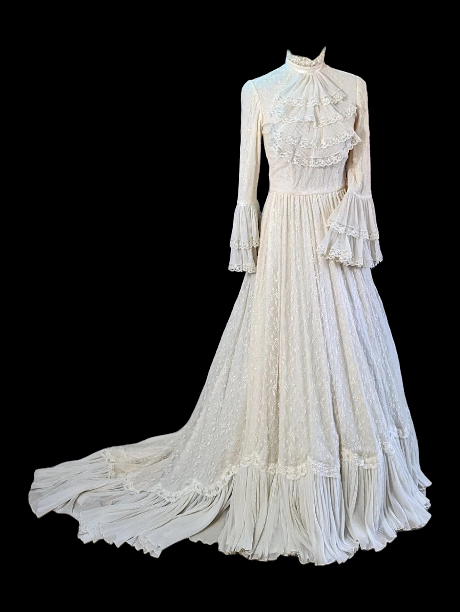 Renaissance Revival Wedding Dress with High Collar, Plume, and Bell Sleeves