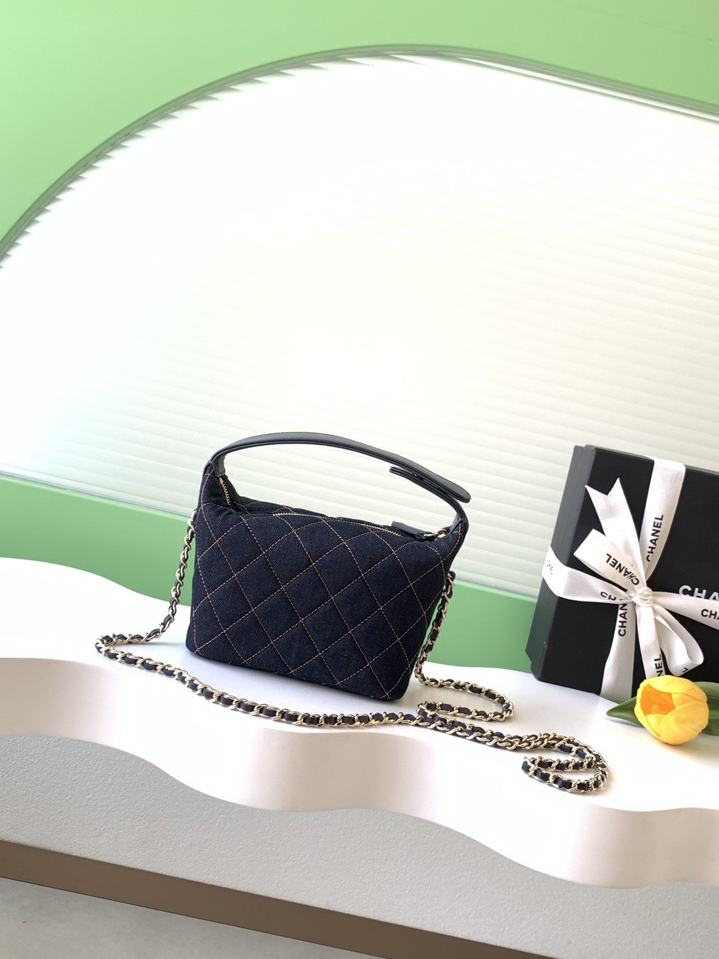 26S Spring-Summer Quilted Denim Hobo Bag with Handle in Dark Blue with Gold Hardware (Model AS5653) - Mocuir