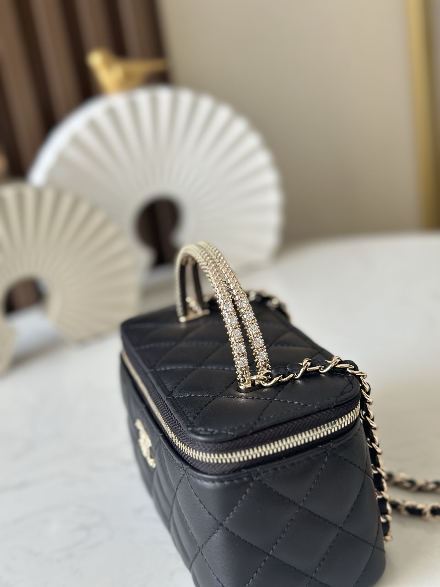 Black Lambskin Quilted Small Vanity Case with Crystal Handle (Model A66068) - Mocuir