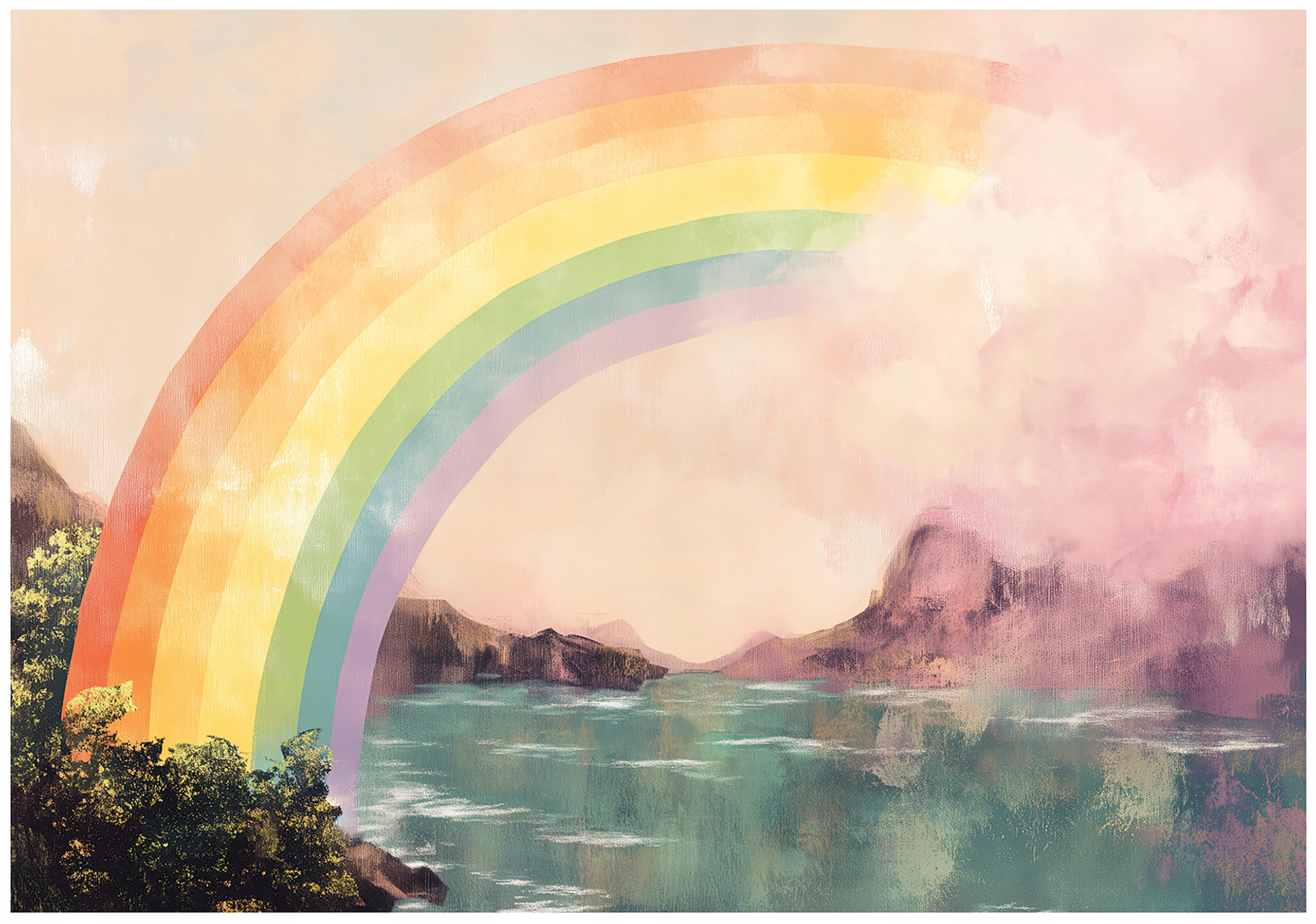 Wall mural for girls, children, rainbow, lake, non-woven wallpaper,