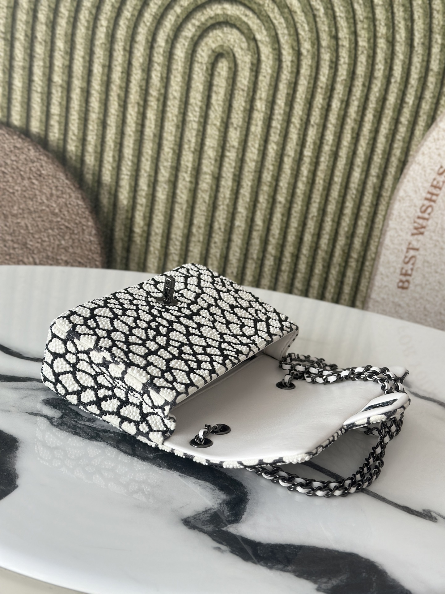 Classic Flap Mini Bag in Black & White Pearl Embellished Crocodile Pattern (Black Hardware) - Mocuir