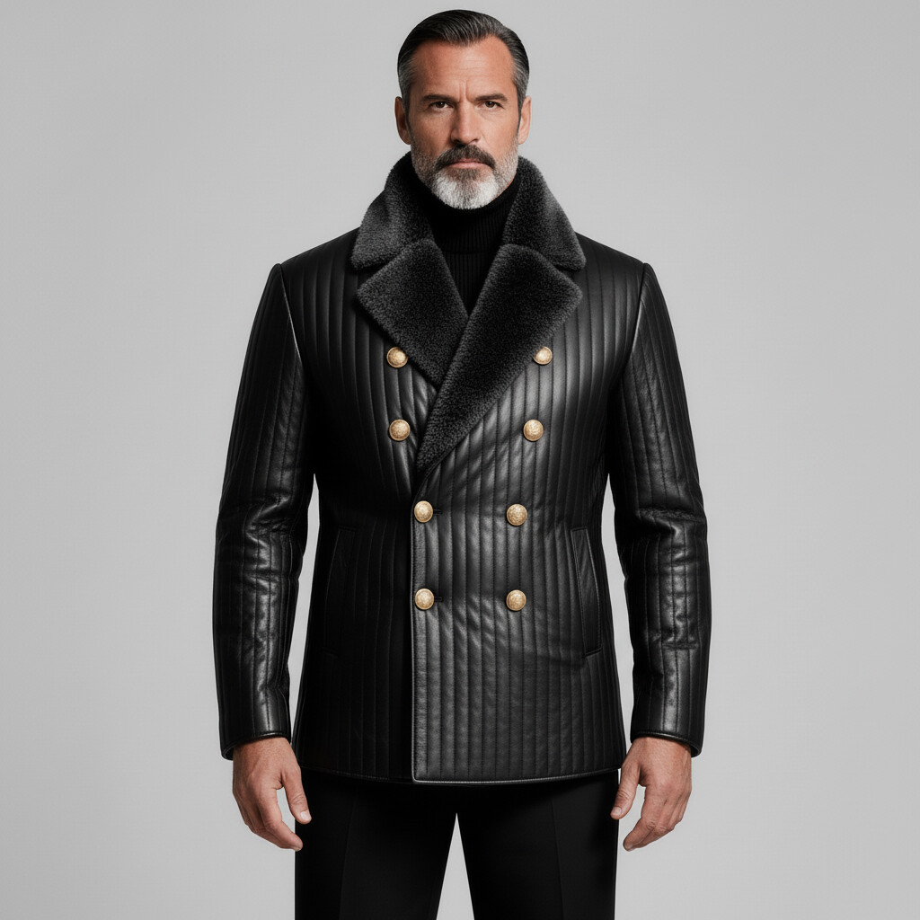 Men's Black Furry Collar Long Sleeve Double Breasted Pocket Vertical Quilted PU Leather Jacket