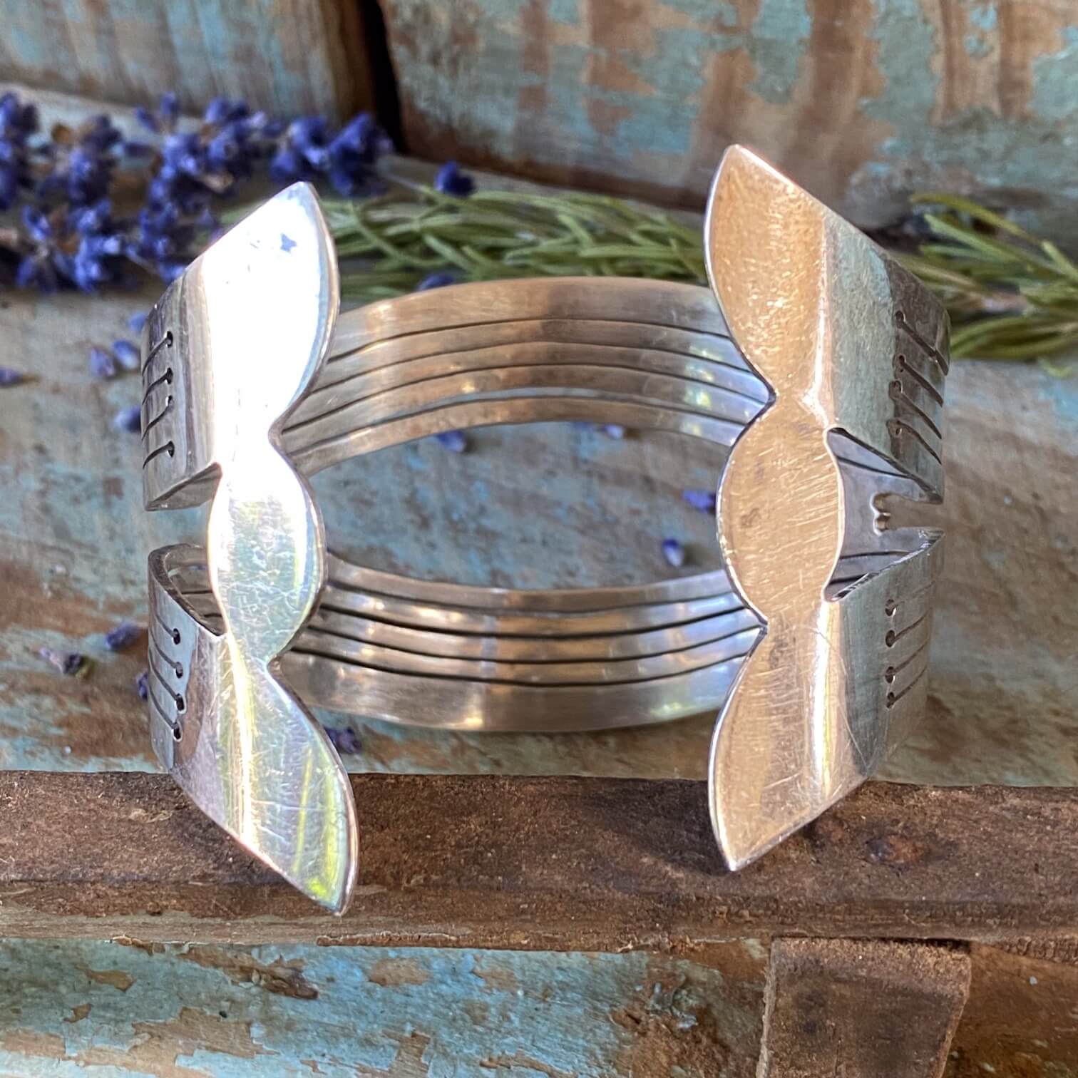 Vintage Wide Sterling Silver Cuff Bracelet Hand Filed Design