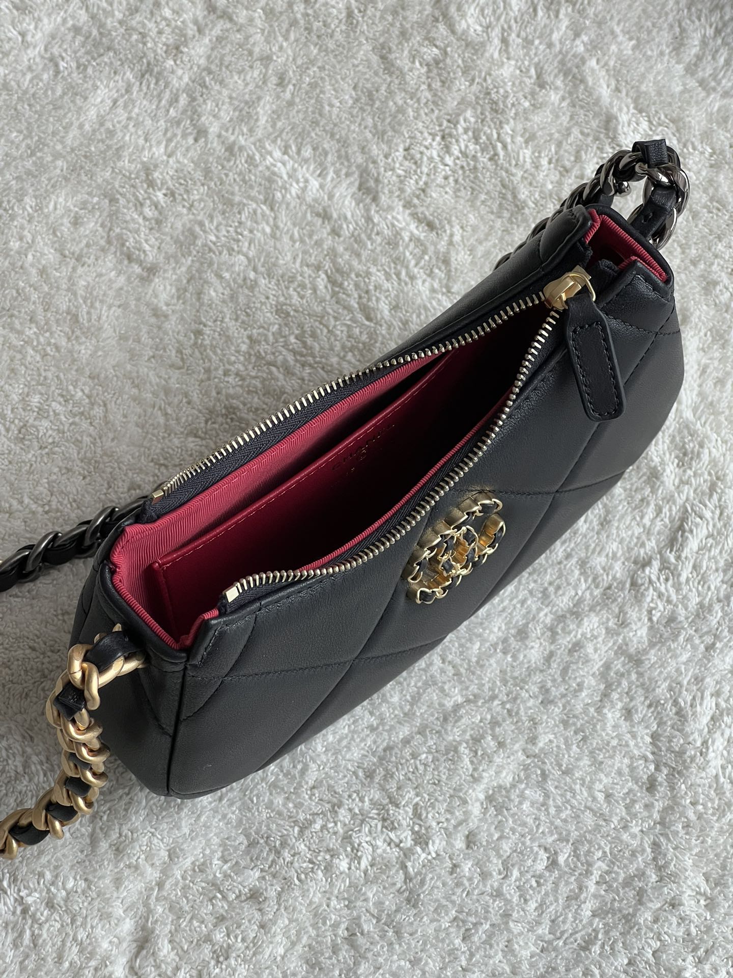 19 Half Moon Hobo Bag in Black Quilted Lambskin with Gold-Tone and Ruthenium-Finish Hardware - Mocuir