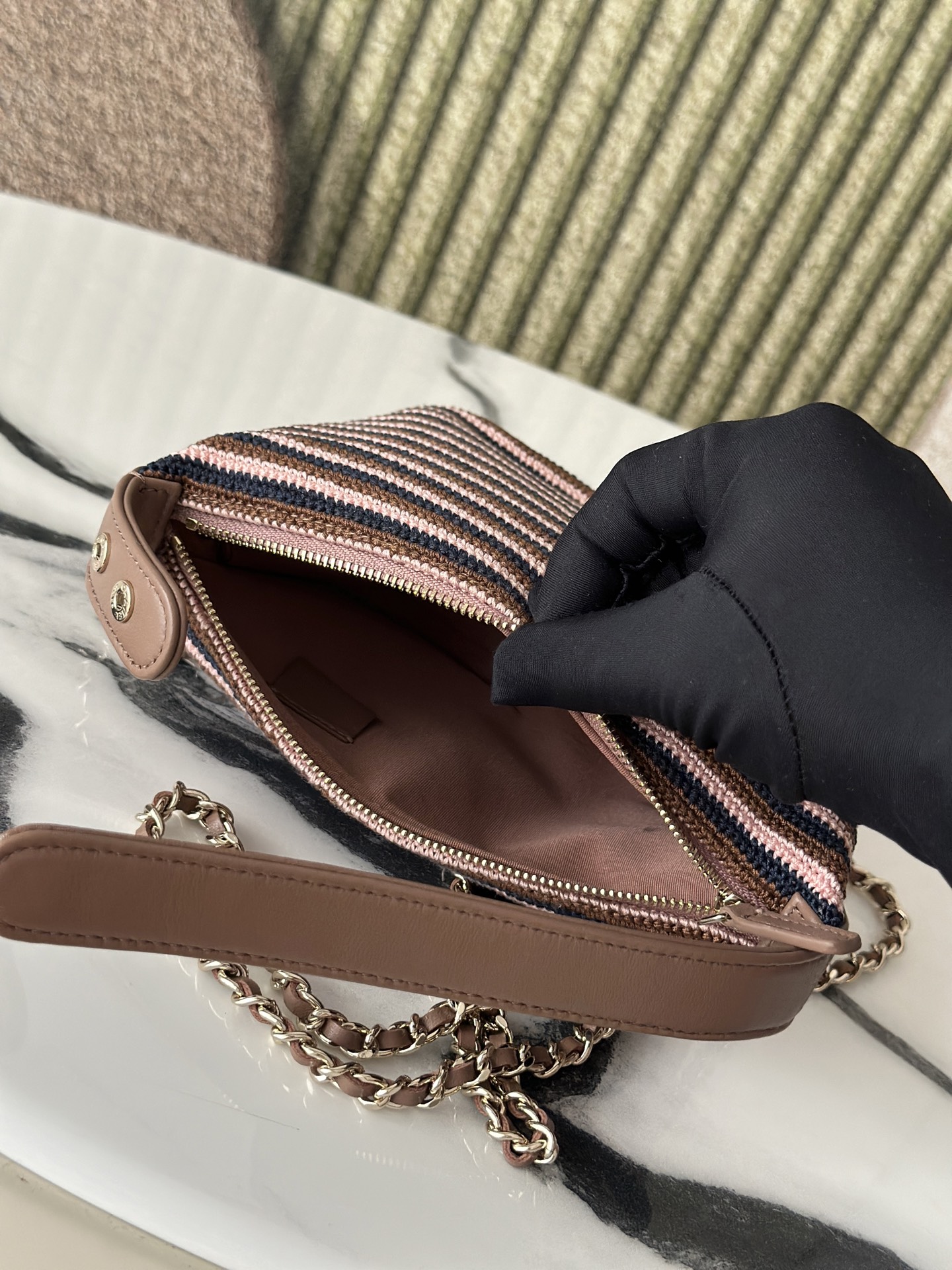 26P Cruise Mini Hobo Pouch with Chain in BrownPinkNavy Striped Crochet and Lambskin with Light Gold-Tone Hardware - Mocuir