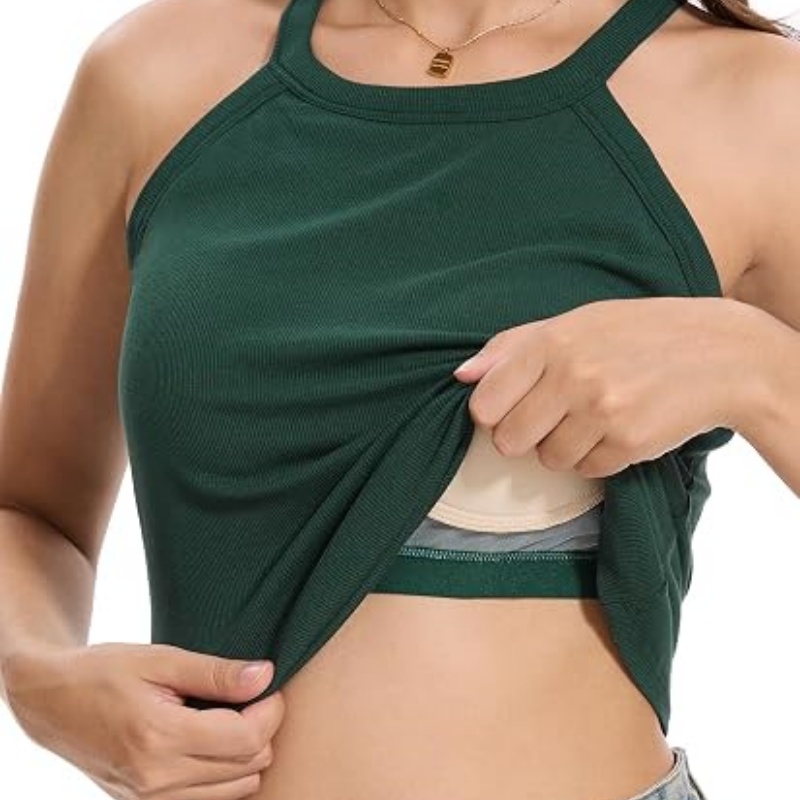 Women Ribbed Tank Tops Built in Bra Halter Tank Top Sleeveless Undershirt Tan