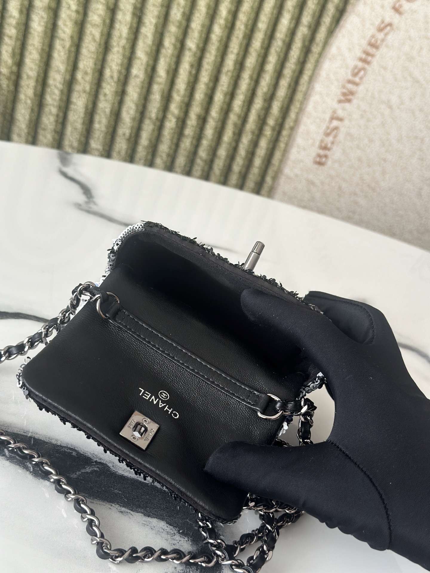 24C25C Mini Classic Flap Bag (AS4561) in Black & White Striped Hand-Embroidered Sequins with COCO Logo & Light Gold-Tone Hardware - Mocuir