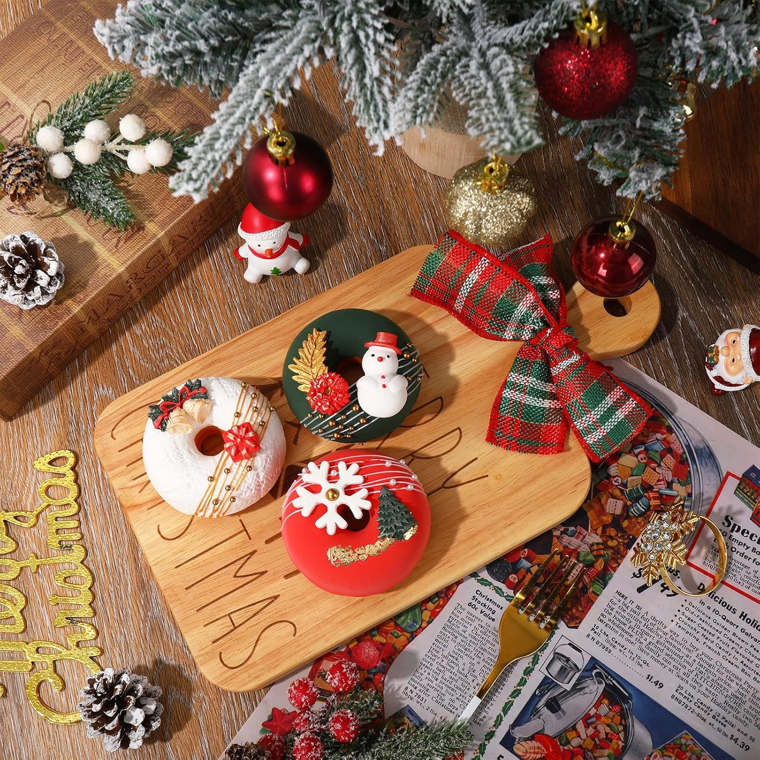 Wooden Christmas Cutting Board Household Rubber Wood Small Tray with Handle Double-Sided Cheese Plate Pizza Cheese Plate