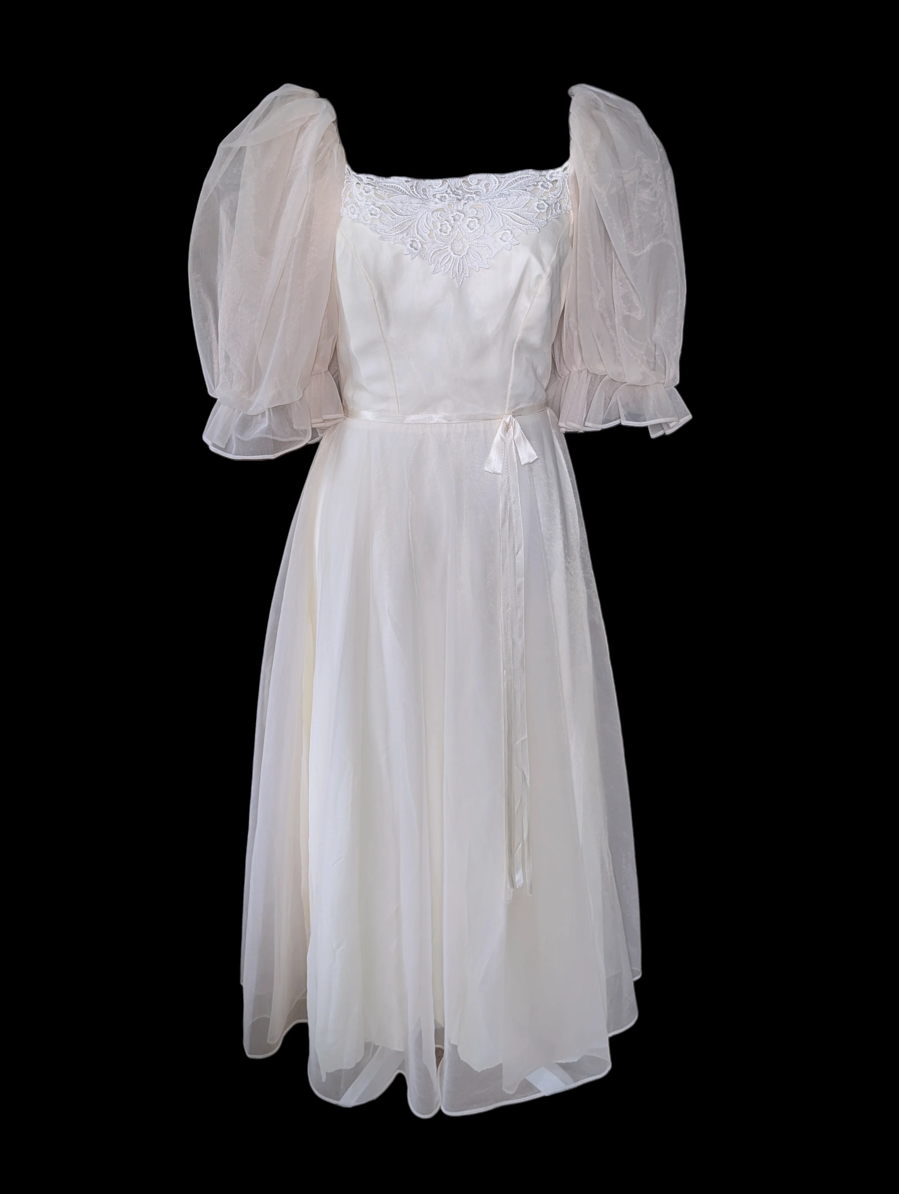 Chiffon Tea Length Soft White Wedding Dress with Puff Sleeves and Satin Ribbon