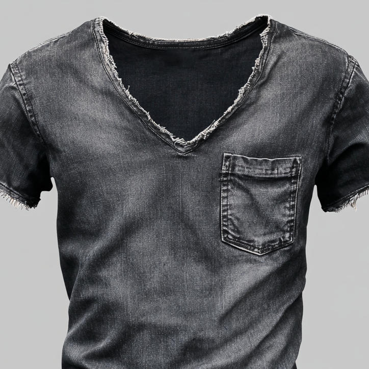 Men's V Neck Short Sleeve Chest Pocket Denim Raw Edge Casual T-Shirt