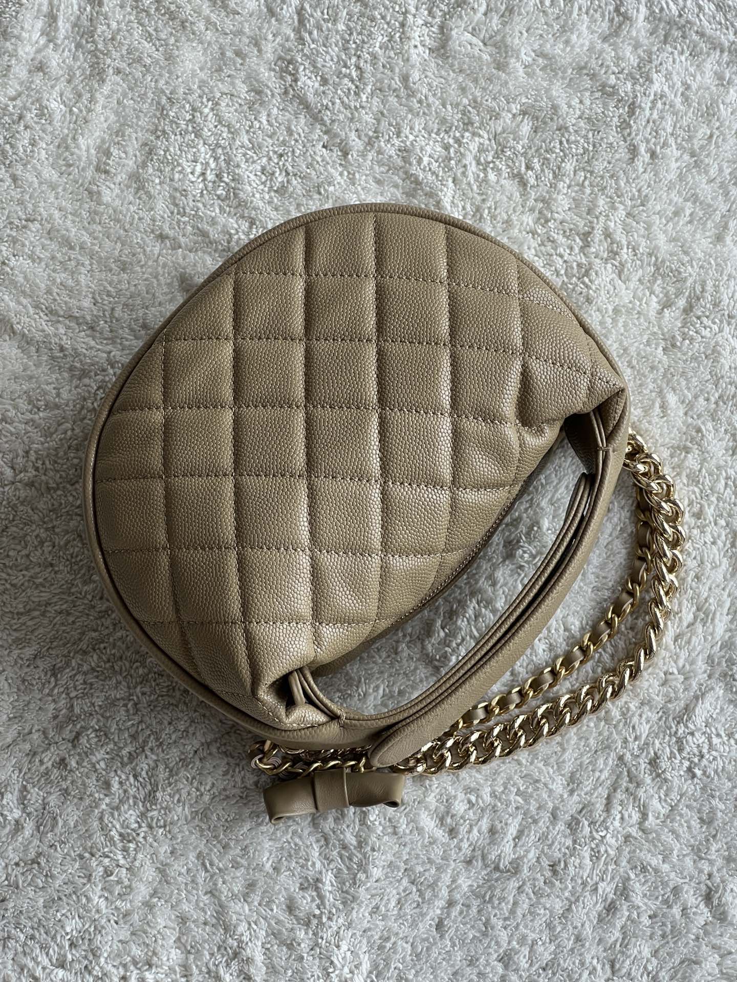 24S Half Moon Hula Hoop Bag in Dark Beige Quilted Caviar Leather with Light Gold-Tone Hardware and Bow Detail - Mocuir