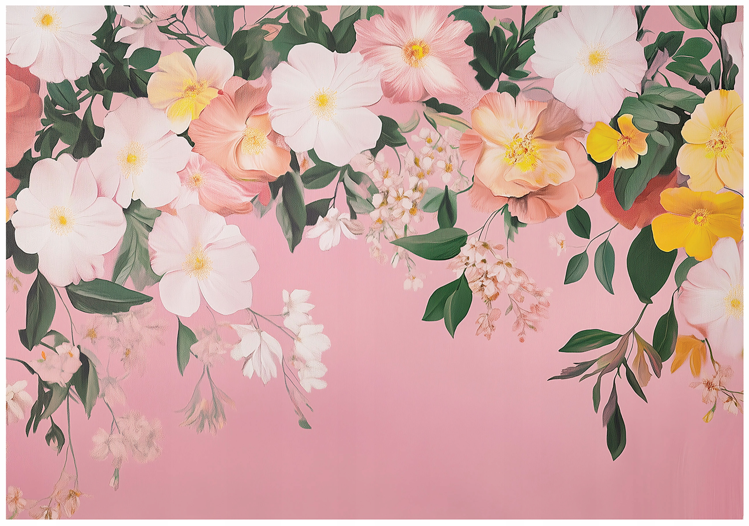 Wall mural featuring hanging flowers and pink leaves, perfect for the bedroom or living room