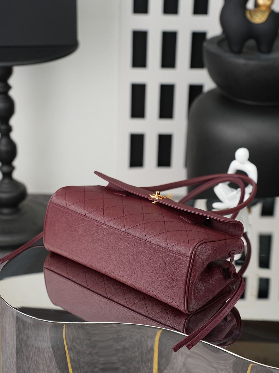 Spring-Summer 2026 Burgundy Quilted Caviar Leather Baguette Shoulder Bag with Gold-Tone Hardware & Long Handle - Mocuir