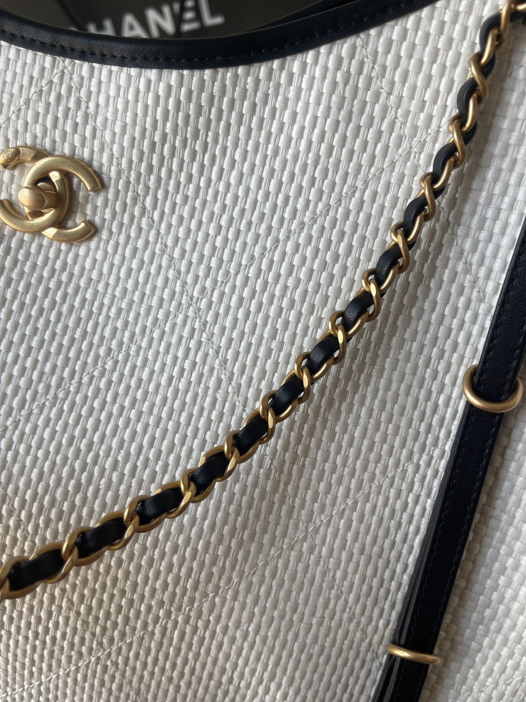 25C Woven Straw Large Tote Handbag with Black Calfskin Trim and Gold-Tone Hardware - Mocuir