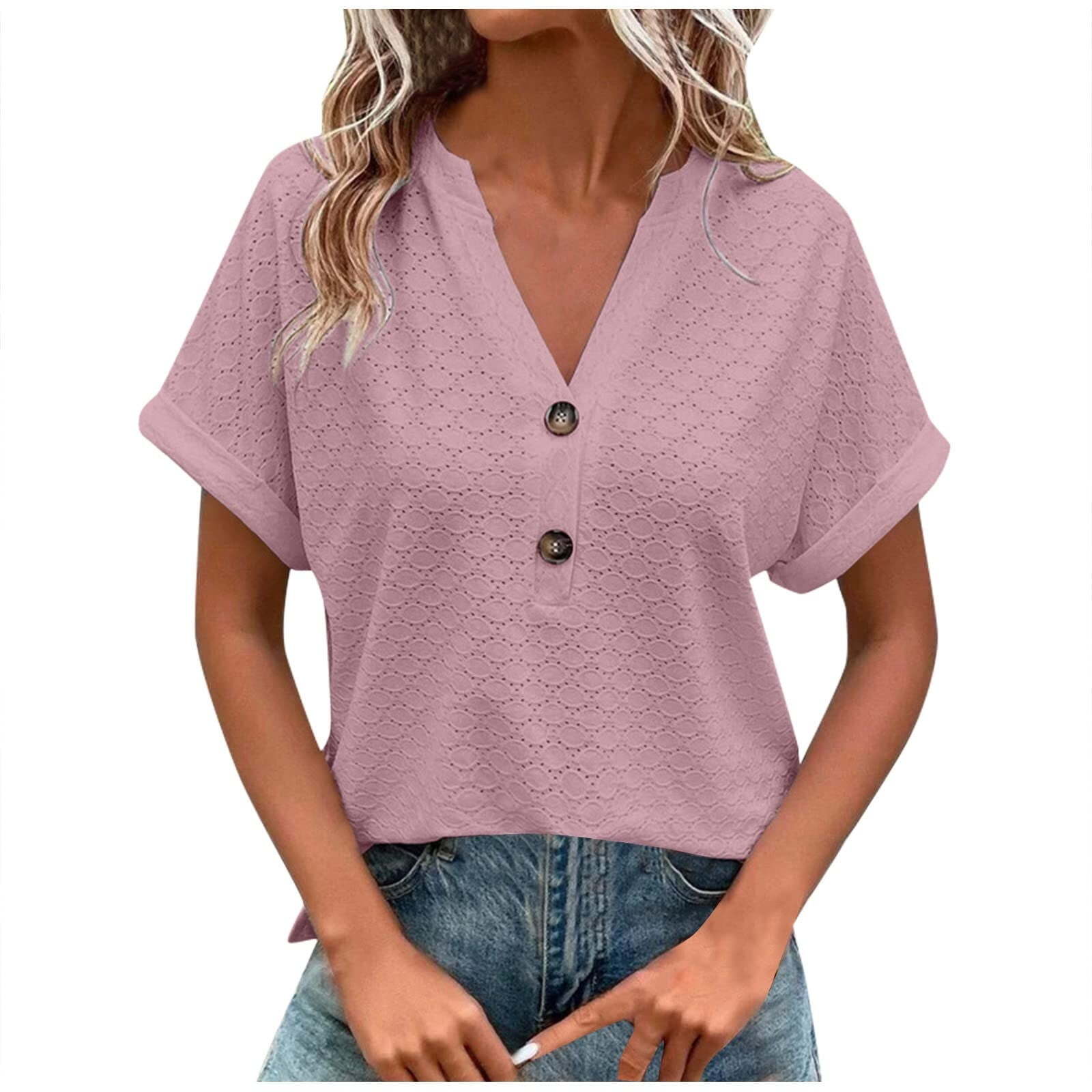 Women's Plus Size Fashion Casual Solid Button V Neck T-shirt