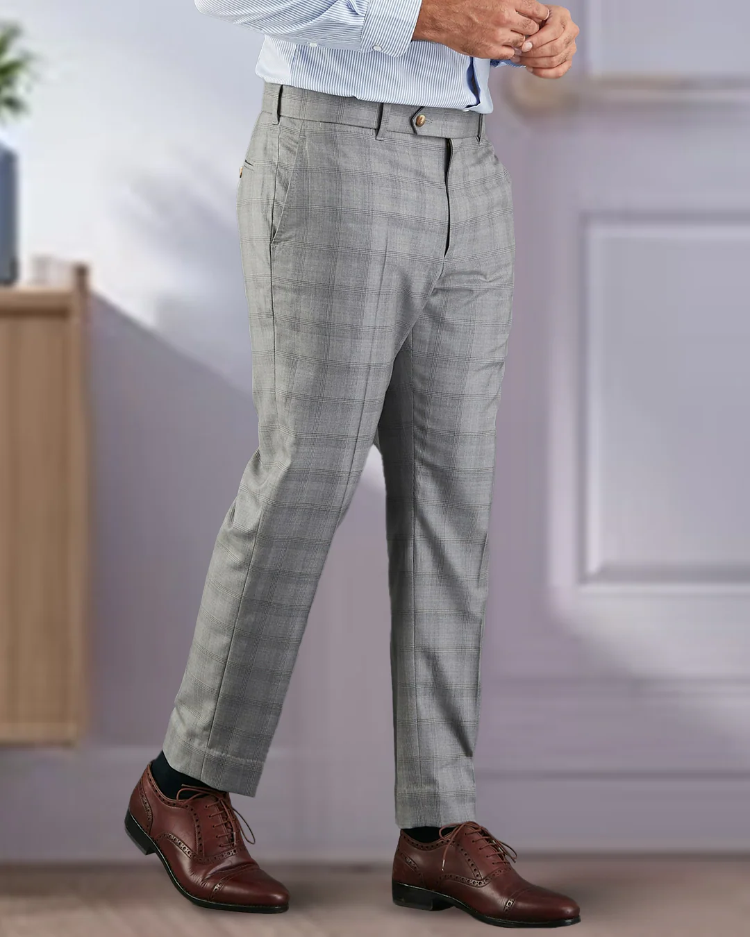 Super 160s Light Grey Prince of Wales Checks Dress Pant