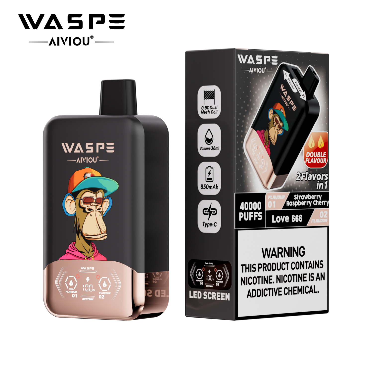 （3 pieces）WASPE 40000 40K Puffs Double Taste LCD Display Disposable Vape