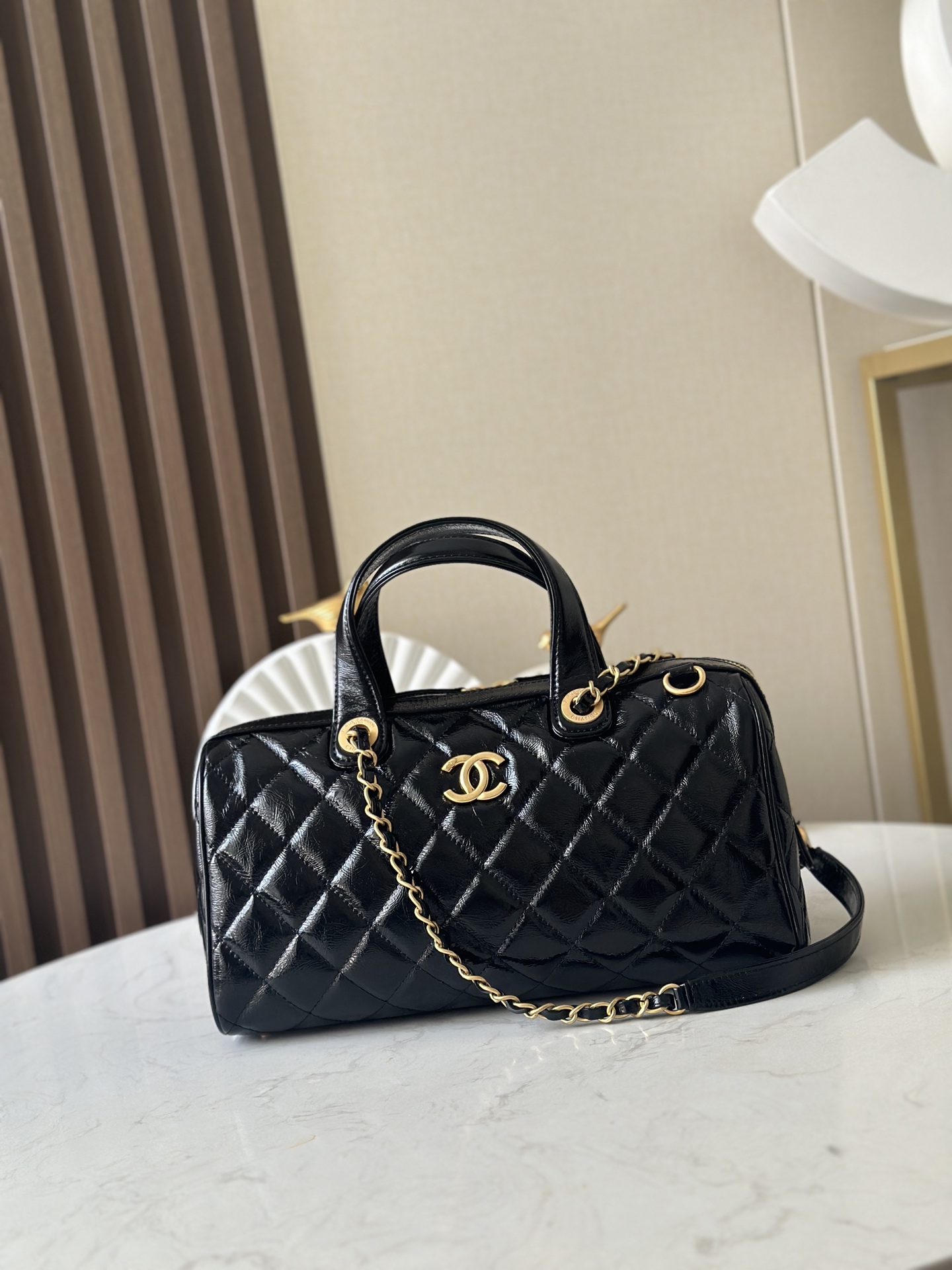 25A Small Bowling Bag in Black Quilted Crinkled Patent Calfskin with Gold-Tone Hardware - Mocuir