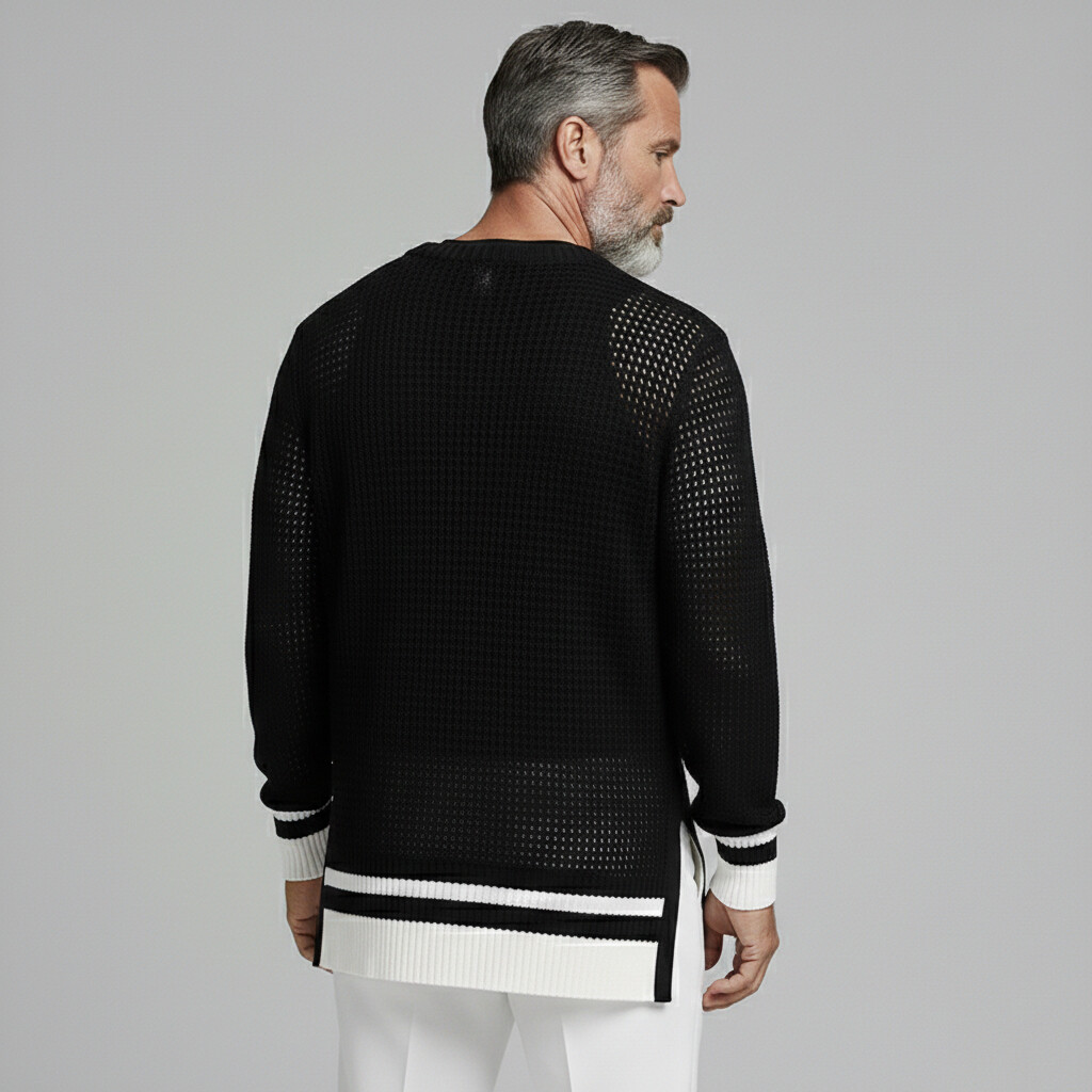 Men's Black Crew Neck Contrast Trim Side Slit Long Sleeve Slim Fit Mesh Knit Sweater