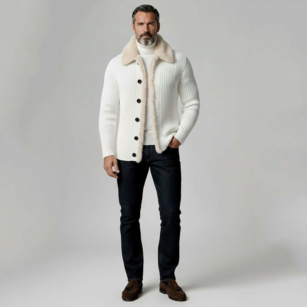 Men's White Plush Trim Turndown Collar Long Sleeve Button Ribbed Knit Cardigan